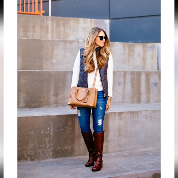 J. Crew Classic Navy Preppy Puffer Casual Vest Gold Zipper Buttons Plaid Lined M - Picture 2 of 7